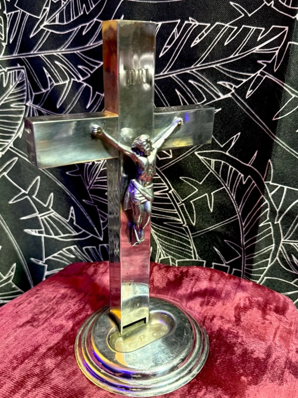 Vintage Standing Crucifix Chrome Holy Water Font Religious Decor